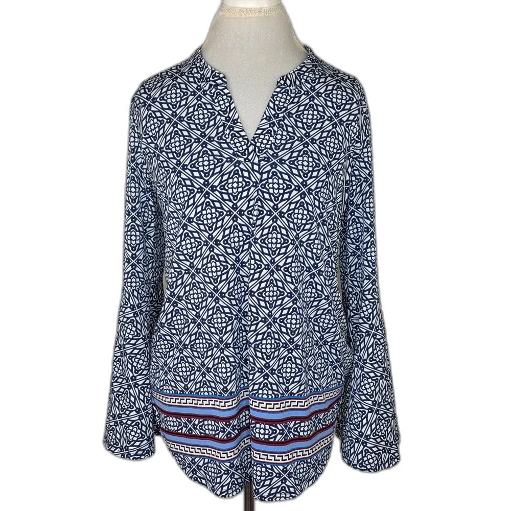Cato Blue & White Geometric Bell Sleeve Tunic Size Medium